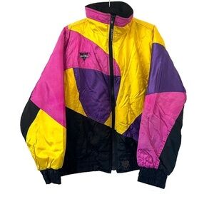 Vintage Cold Wave Neon Pink Yellow & Purple Color Block Puffer Ski Jacket